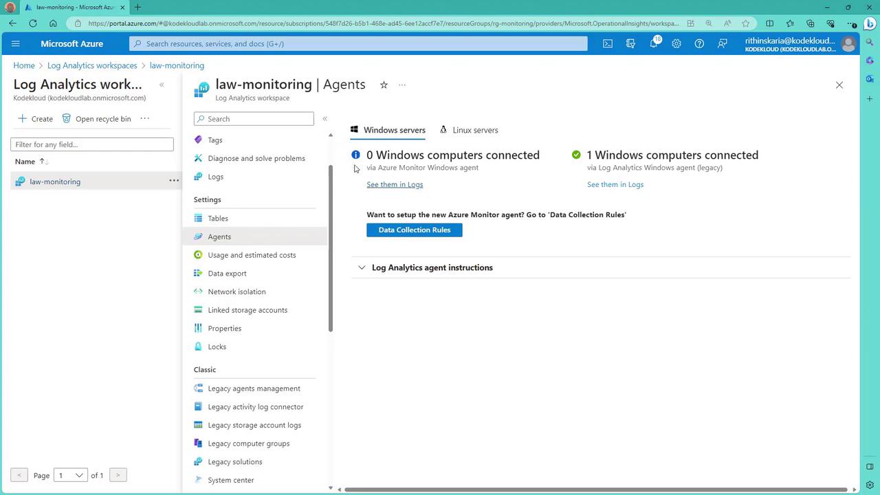 The image shows a Microsoft Azure Log Analytics workspace interface, specifically the "Agents" section, indicating the connection status of Windows computers. It shows 0 computers connected via the Azure Monitor Windows agent and 1 computer connected via the Log Analytics Windows agent (legacy).