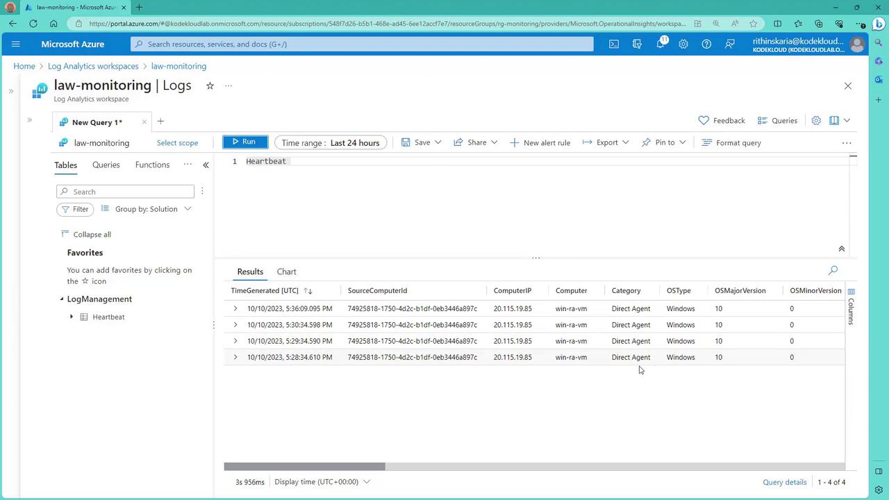 The image shows a Microsoft Azure Log Analytics workspace interface displaying a query result for "Heartbeat" logs, including details like time generated, computer ID, and OS type.