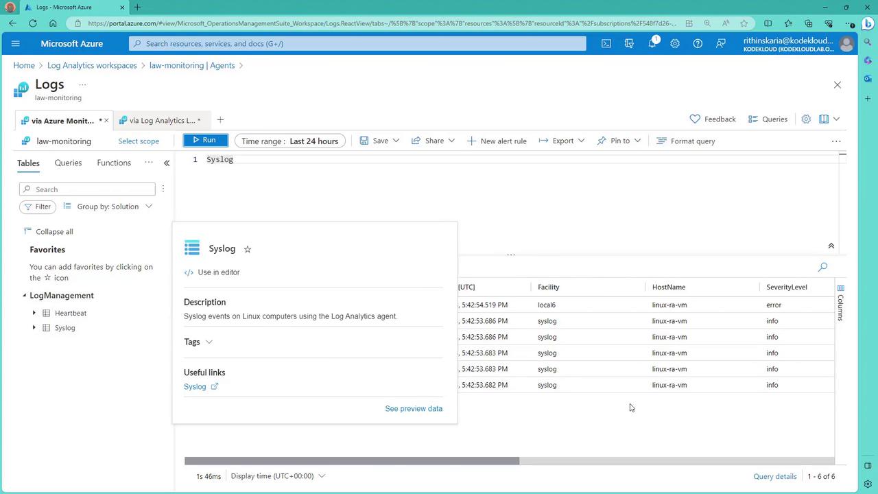 The image shows a Microsoft Azure Log Analytics workspace interface displaying syslog events from Linux computers. It includes a table with details such as timestamp, facility, hostname, and severity level.