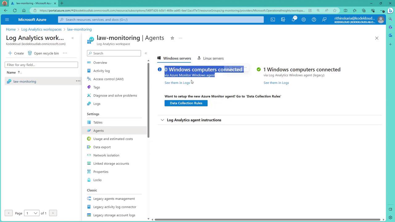 The image shows a Microsoft Azure portal interface for a Log Analytics workspace named "law-monitoring," displaying agent connection details for Windows computers. It indicates that 0 computers are connected via the Azure Monitor Windows agent, and 1 computer is connected via the legacy Log Analytics Windows agent.
