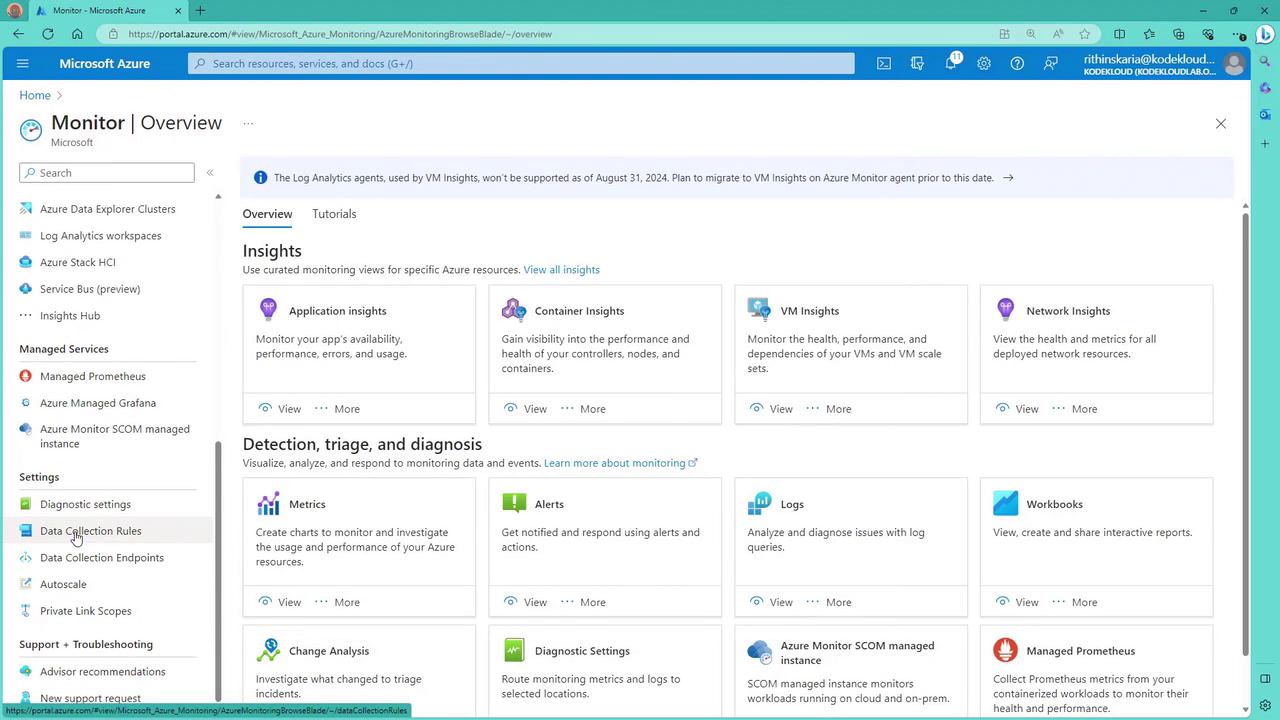 The image shows the Microsoft Azure Monitor Overview page, displaying various insights and diagnostic tools for monitoring Azure resources, such as Application Insights, Container Insights, and Network Insights. It includes sections for detection, triage, and diagnosis with options like Metrics, Alerts, and Logs.