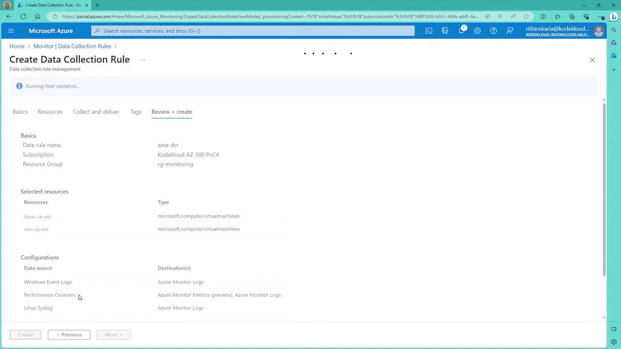 The image shows a Microsoft Azure portal page for creating a data collection rule, displaying details like data rule name, subscription, resource group, selected resources, and configurations.