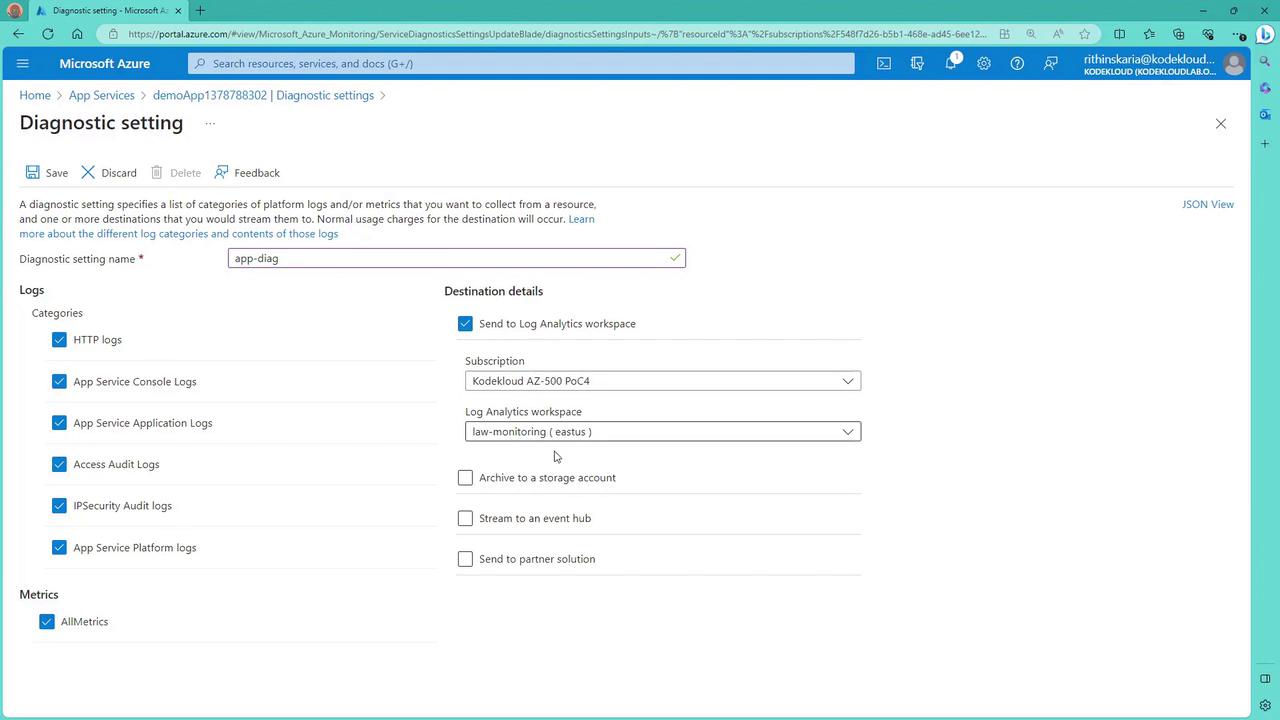 The image shows a Microsoft Azure portal page for configuring diagnostic settings, where various log categories and metrics are selected to be sent to a Log Analytics workspace.