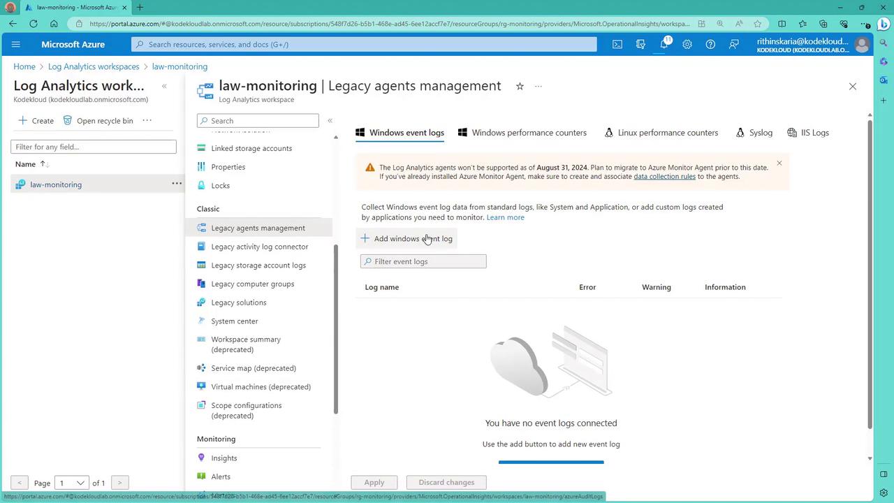 The image shows a Microsoft Azure portal interface for managing legacy agents in a Log Analytics workspace, with options to add and filter Windows event logs. A notification indicates that Log Analytics agents will not be supported after August 31, 2024.