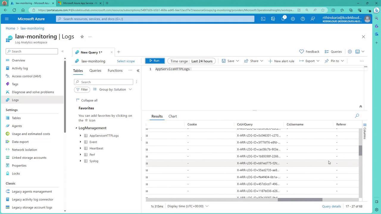 The image shows a Microsoft Azure portal interface displaying log analytics for a "law-monitoring" workspace. It includes a query editor and results table for "AppServiceHTTPLogs" with various log details.