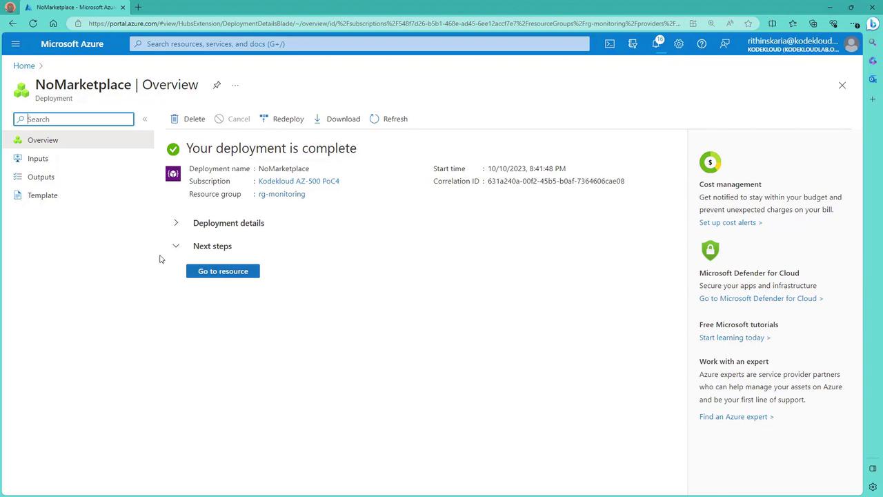 The image shows a Microsoft Azure portal page indicating that a deployment named "NoMarketplace" is complete, with options to view deployment details and next steps.