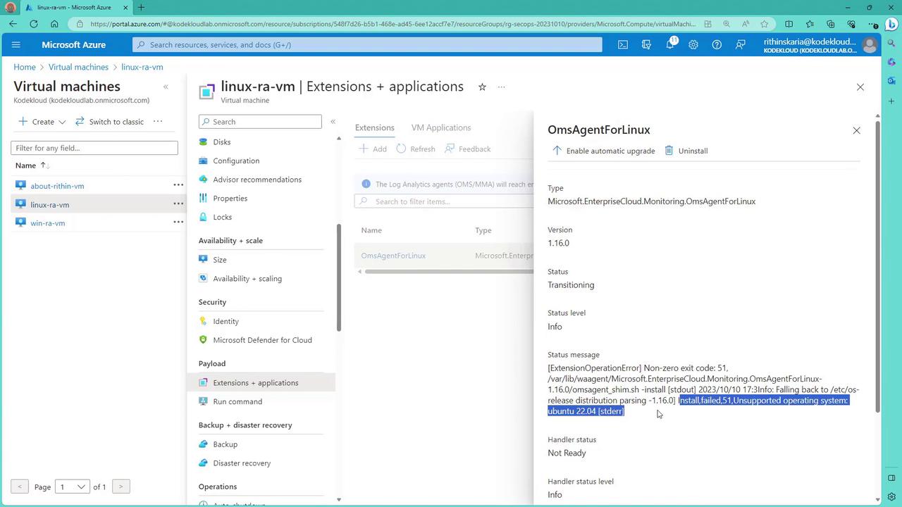 The image shows a Microsoft Azure portal interface displaying details of a virtual machine extension called "OmsAgentForLinux," with a status message indicating an installation failure due to an unsupported operating system, Ubuntu 22.04.