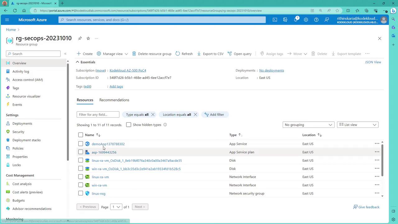 The image shows a Microsoft Azure portal interface displaying details of a resource group named "rg-secops-20231010." It lists various resources such as App Services, Disks, and Network Interfaces located in the East US region.