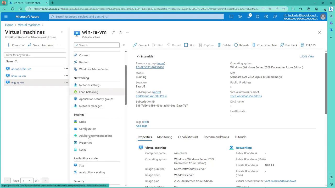 The image shows a Microsoft Azure portal interface displaying details of a virtual machine named "win-ra-vm," including its status, location, operating system, and network settings.