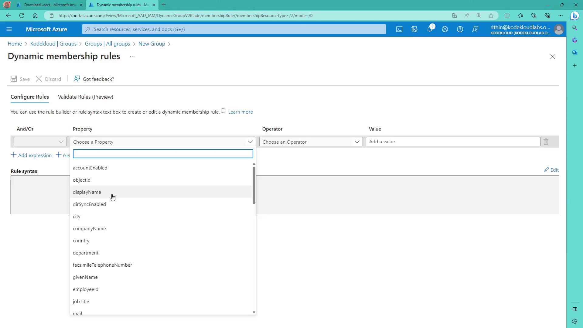 The image shows a Microsoft Azure portal interface for configuring dynamic membership rules, with options to select properties, operators, and values for rule creation.