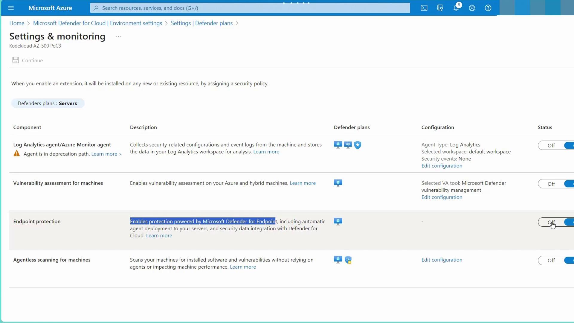 The image shows a Microsoft Azure settings and monitoring page for Defender plans, listing components like Log Analytics agent, vulnerability assessment, and endpoint protection, with options to configure and toggle their status.