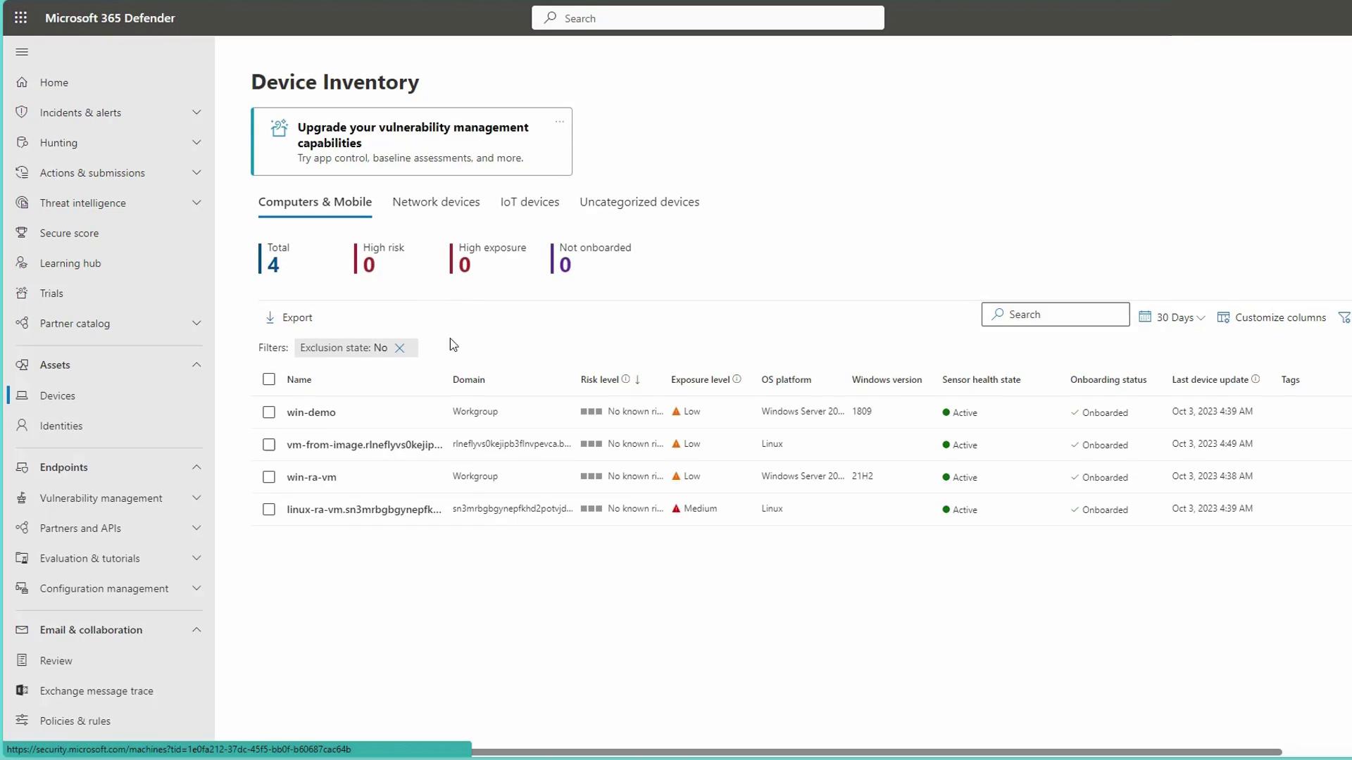 The image shows a Microsoft 365 Defender dashboard displaying a device inventory with details such as risk level, exposure level, OS platform, and onboarding status for several devices. The sidebar includes navigation options like incidents, alerts, and threat intelligence.