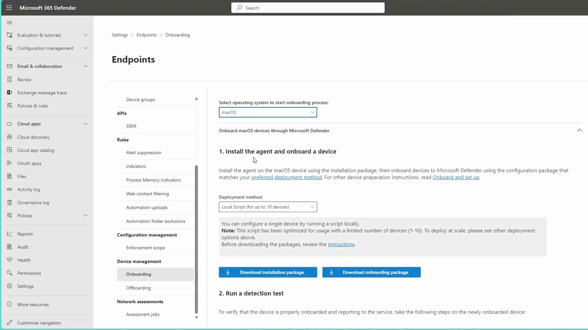 The image shows a Microsoft 365 Defender interface for onboarding macOS devices. It includes instructions for installing an agent and running a detection test, with options to download installation and onboarding packages.
