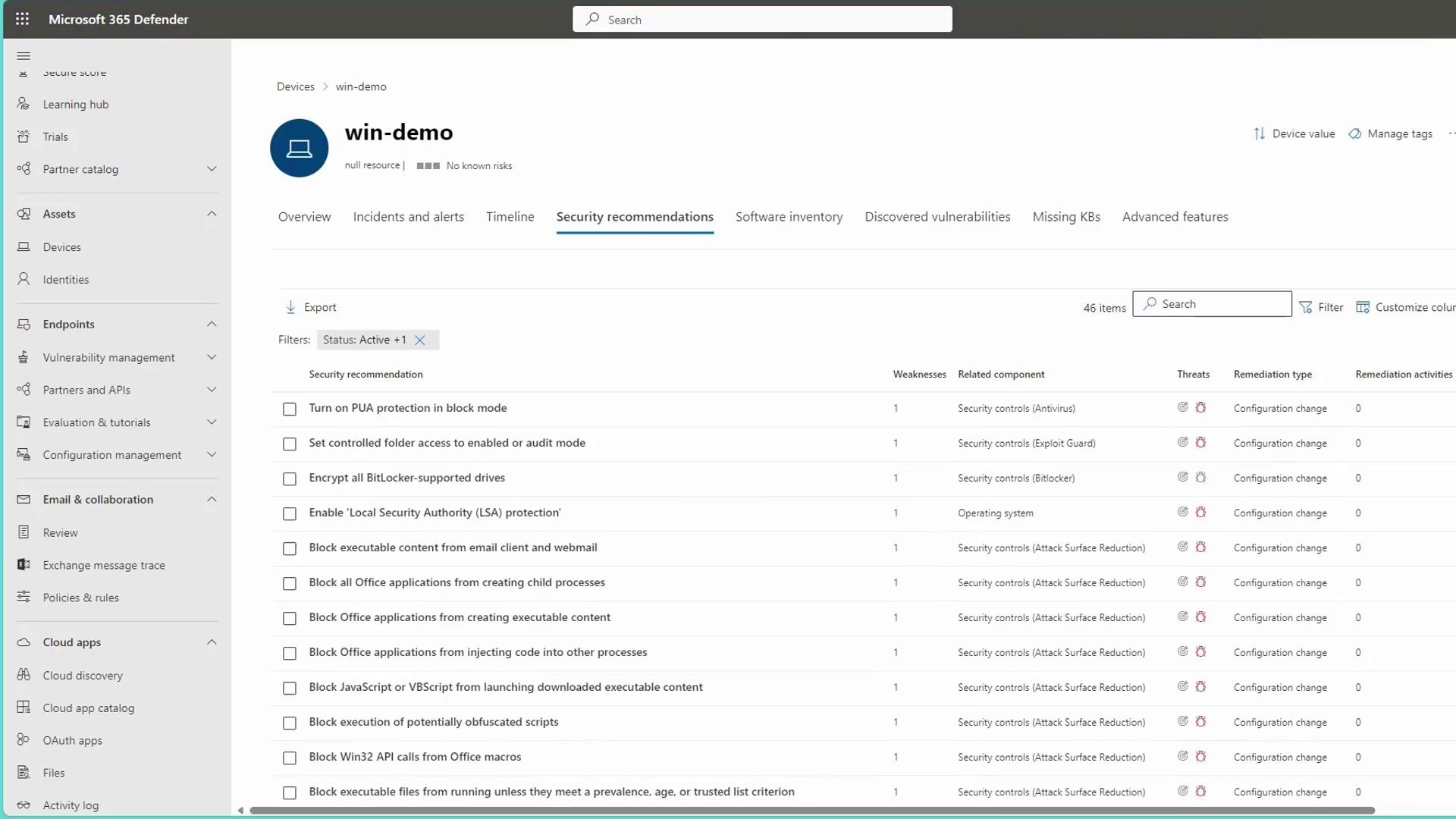 The image shows a screenshot of the Microsoft 365 Defender interface, specifically the "Security recommendations" tab for a device named "win-demo," listing various security recommendations and their details.
