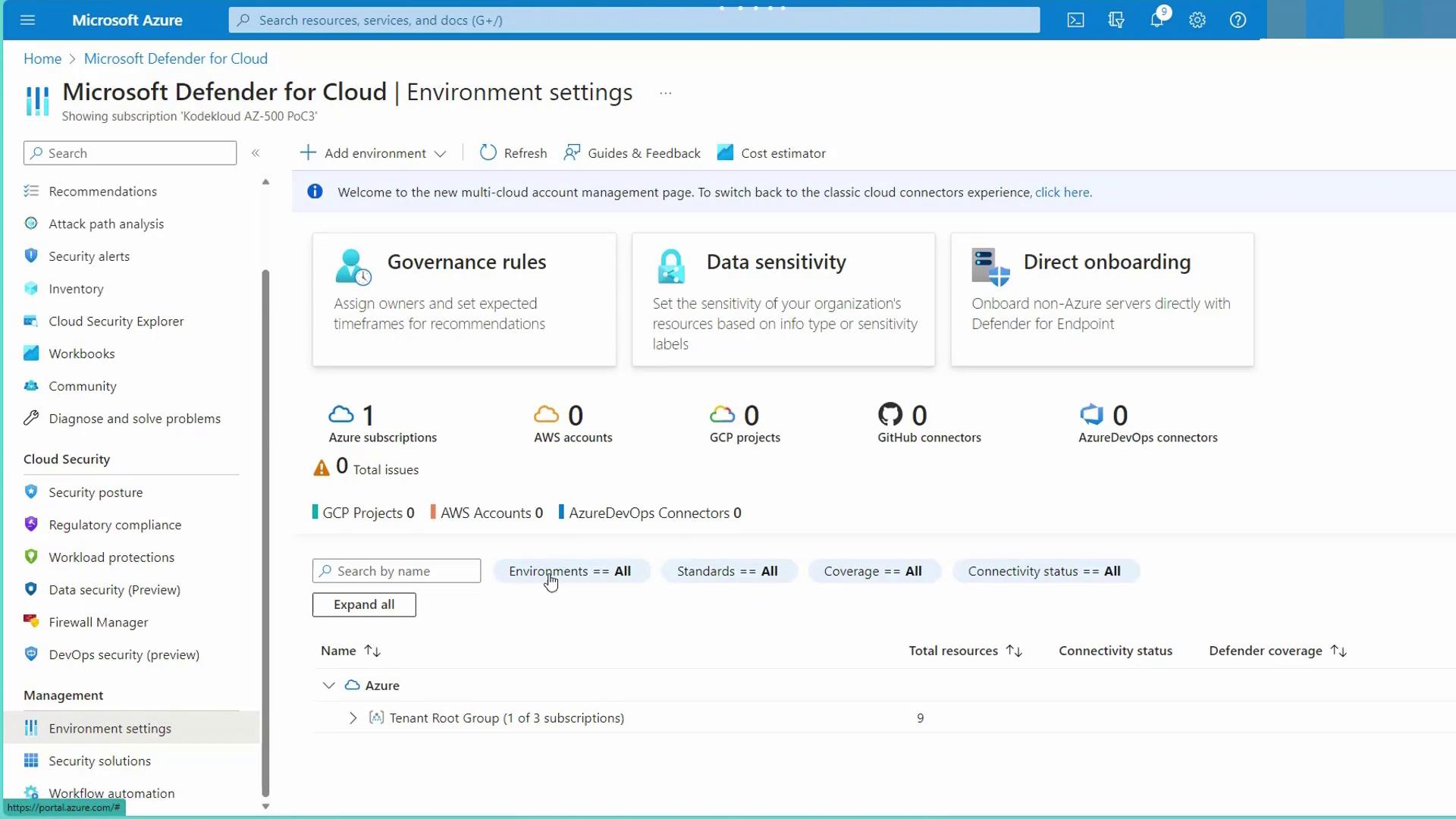 The image shows the Microsoft Defender for Cloud environment settings page, displaying options for governance rules, data sensitivity, and direct onboarding, along with a summary of connected cloud accounts and resources.