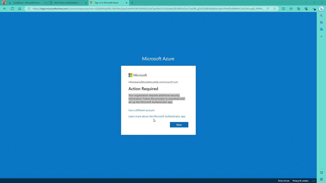 The image shows a Microsoft Azure login screen with a prompt for additional security information, instructing the user to set up the Microsoft Authenticator app.