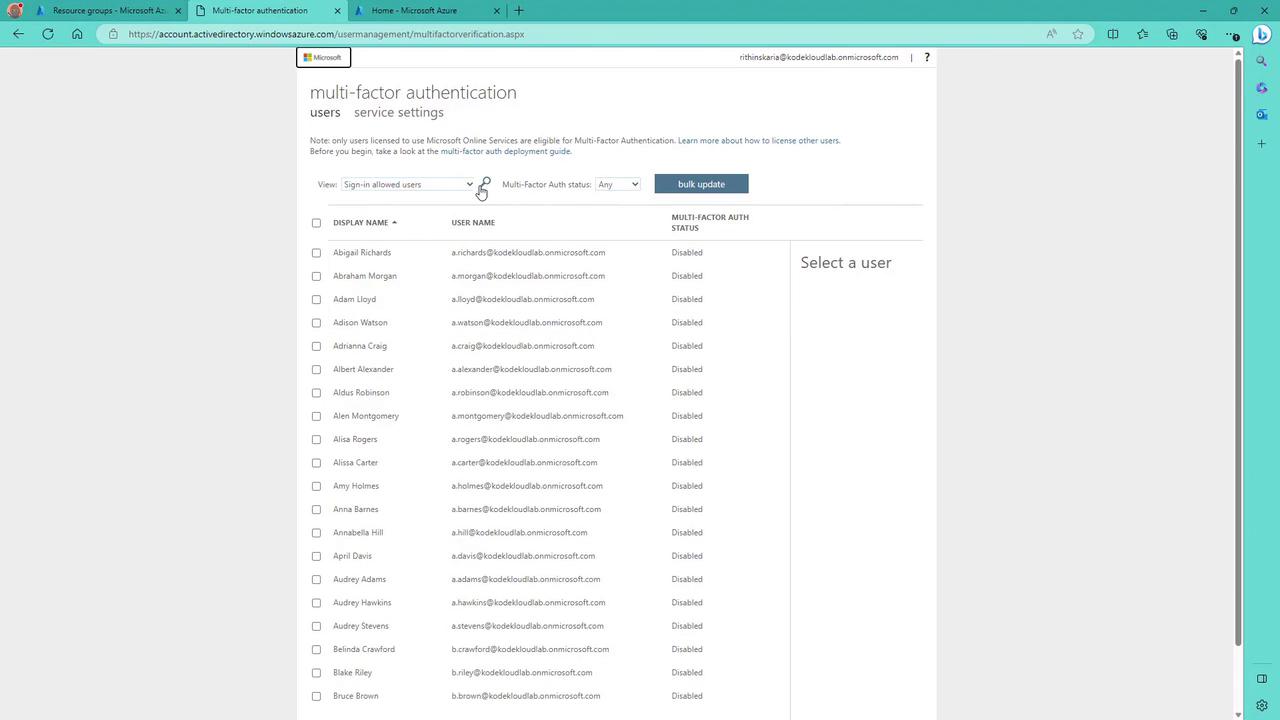 The image shows a Microsoft Azure interface for managing multi-factor authentication settings, listing users with their authentication status set to "Disabled."