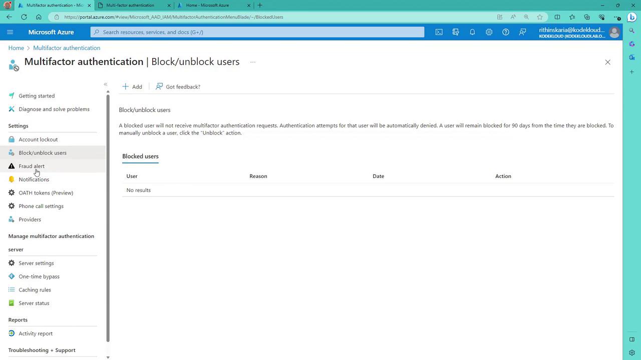 The image shows a Microsoft Azure portal page for managing multifactor authentication, specifically the section for blocking or unblocking users. The list of blocked users is currently empty.