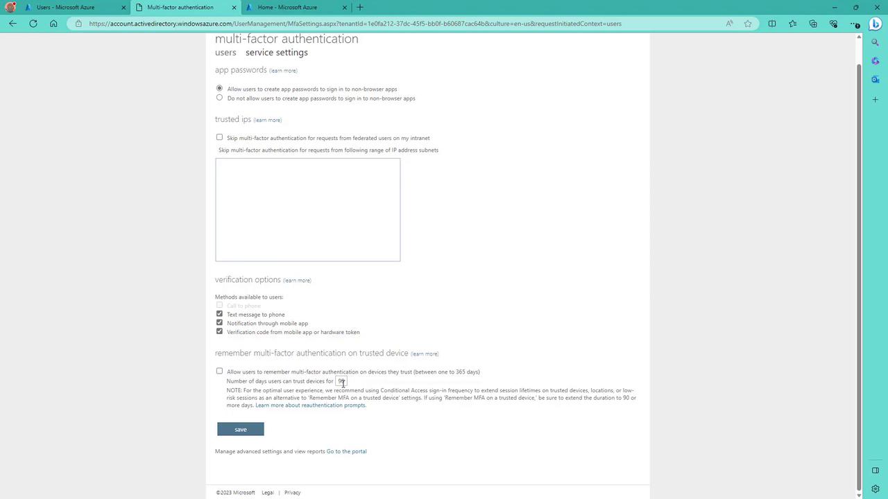 The image shows a Microsoft Azure multi-factor authentication settings page, where users can configure app passwords, trusted IPs, and verification options.