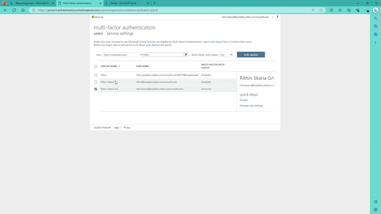 The image shows a Microsoft Azure interface for managing multi-factor authentication settings for users, displaying a list of users with their authentication status.
