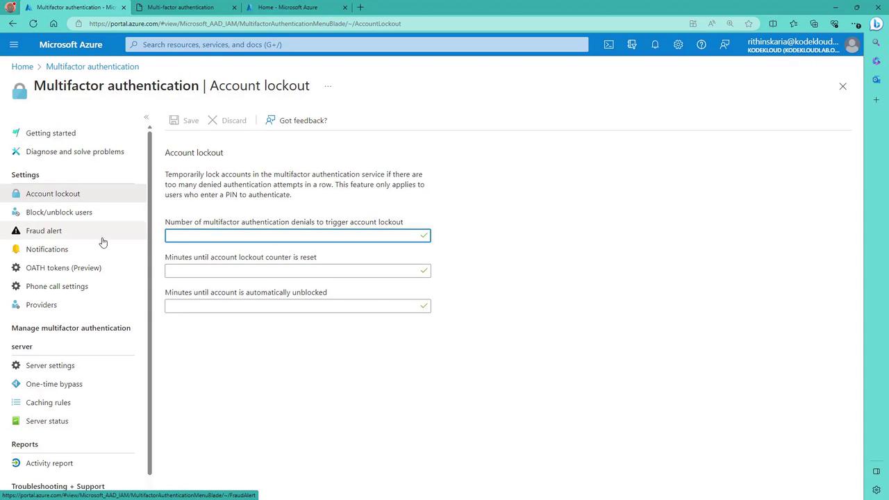 The image shows a Microsoft Azure portal page for configuring multifactor authentication account lockout settings, including options for setting the number of denials to trigger a lockout and reset times.