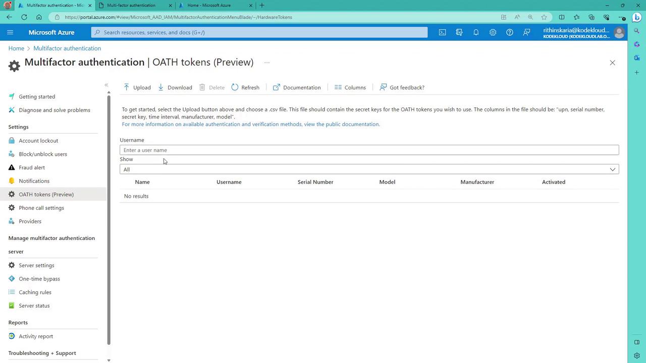 The image shows a Microsoft Azure portal page for managing multifactor authentication, specifically focusing on OATH tokens. It includes options to upload, download, and manage token settings, with no results currently displayed.