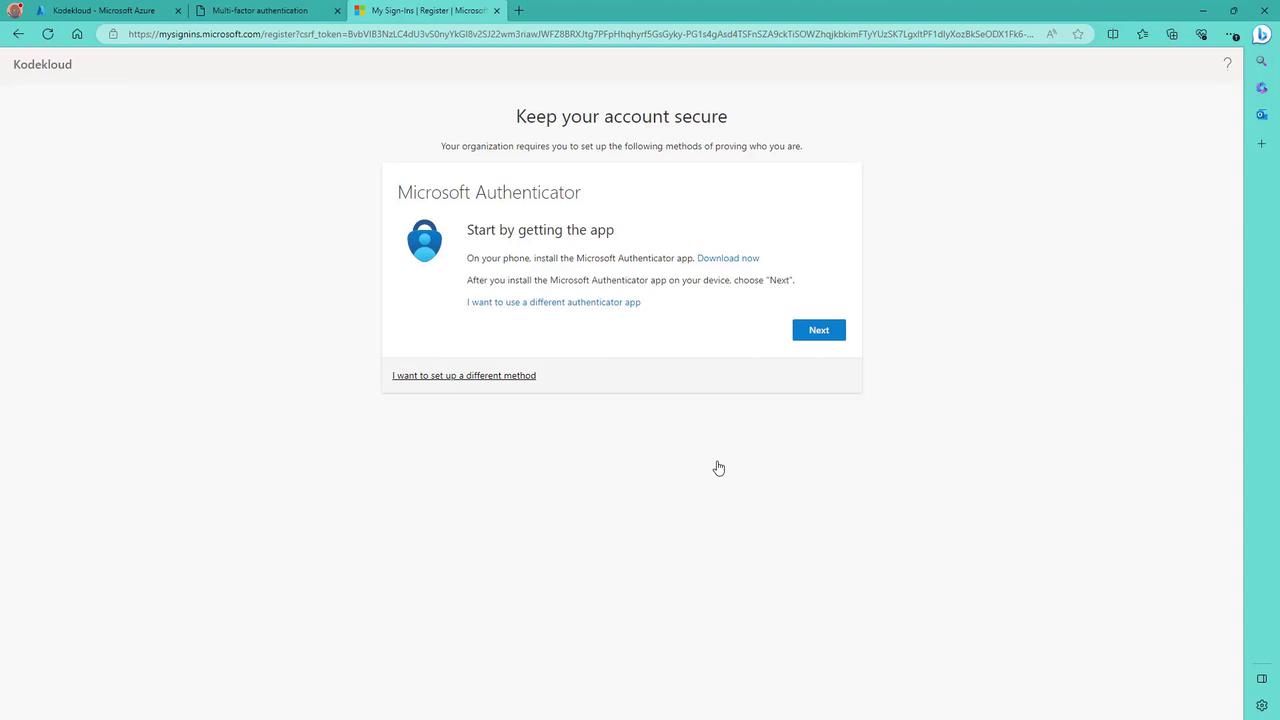 The image shows a webpage instructing users to secure their account by setting up the Microsoft Authenticator app. It provides a link to download the app and a "Next" button to proceed.