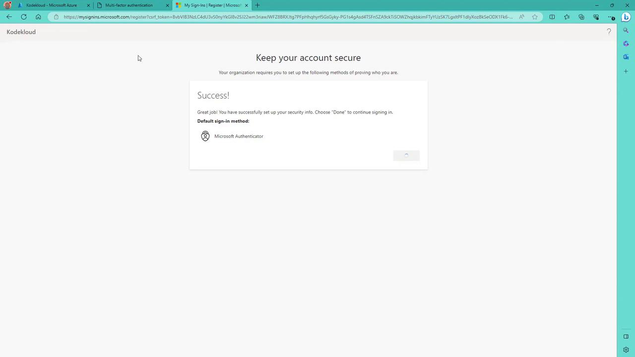 The image shows a webpage confirming the successful setup of security information using Microsoft Authenticator as the default sign-in method. The page is titled "Keep your account secure" and indicates success in setting up security info.