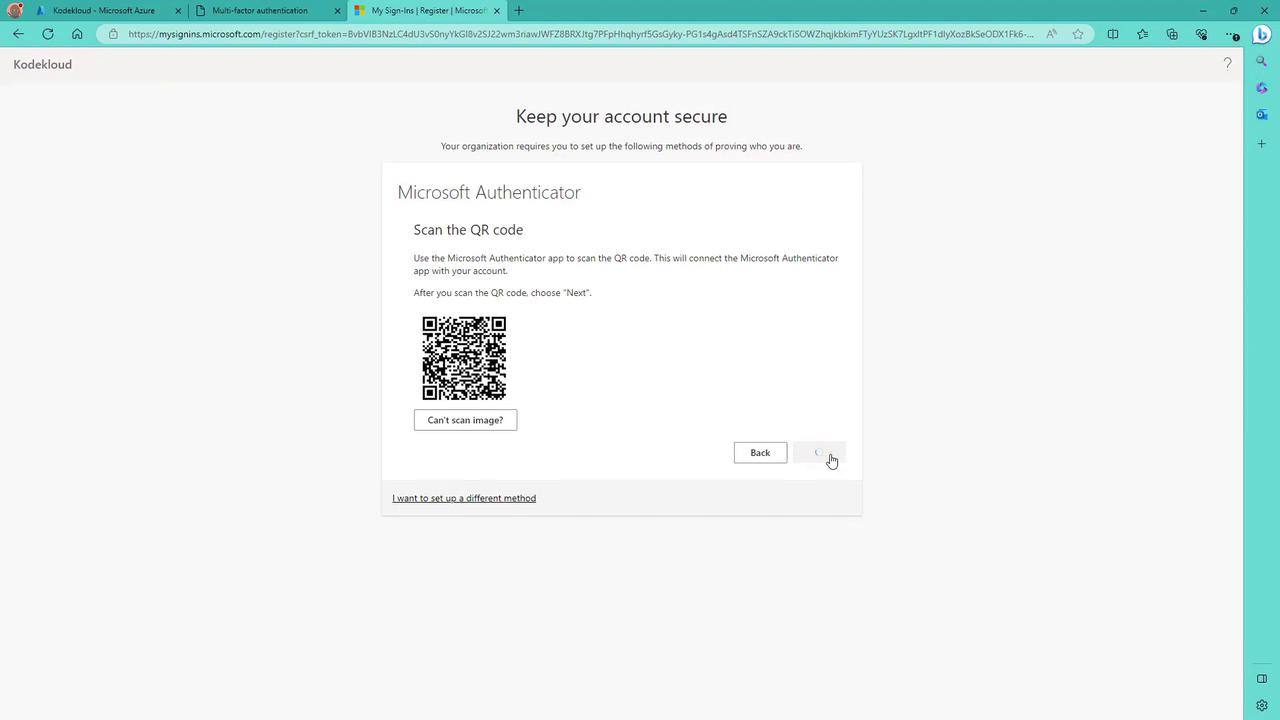 The image shows a webpage instructing users to scan a QR code with the Microsoft Authenticator app to secure their account. It includes options to go back or set up a different method.