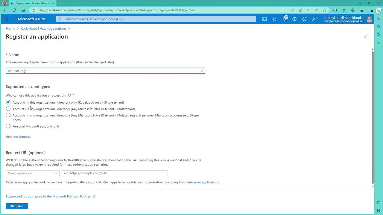 The image shows a Microsoft Azure portal page for registering an application, with fields for the application name and supported account types. The user is in the process of entering "app-sec-reg" as the application name.
