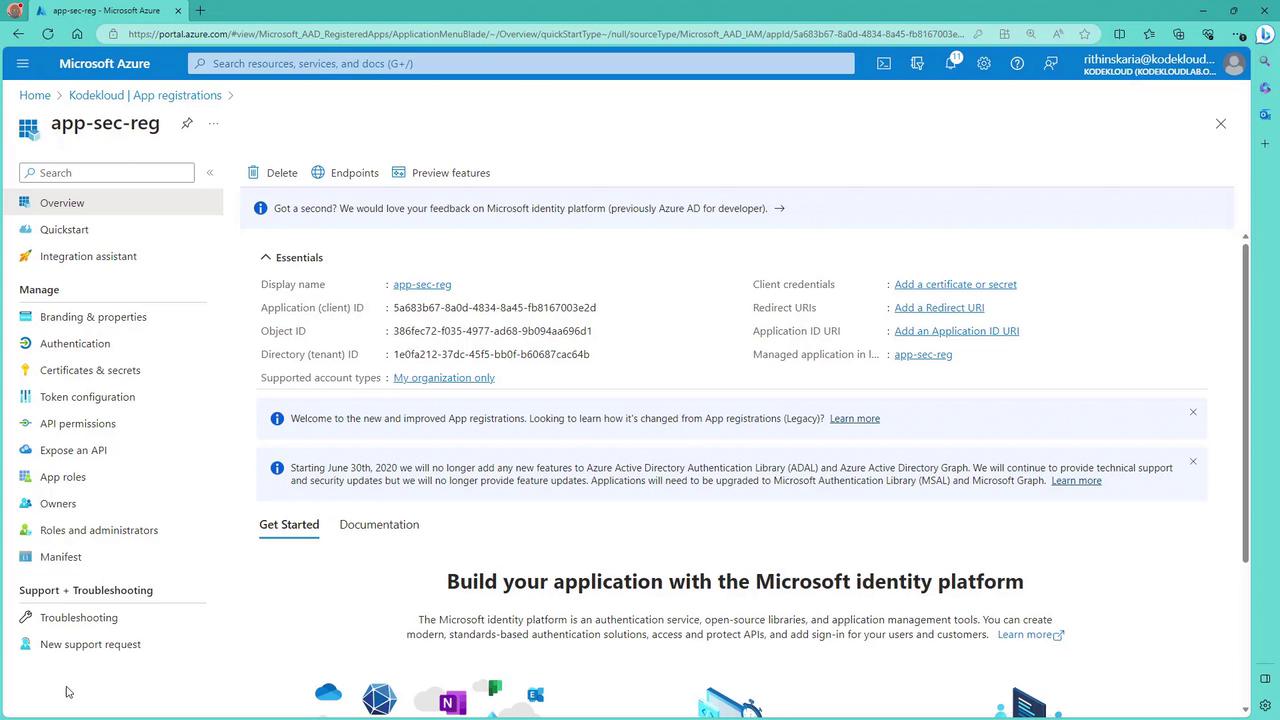The image shows a Microsoft Azure portal page for an app registration named "app-sec-reg," displaying details like application ID, object ID, and directory ID, along with options for managing authentication and API permissions.