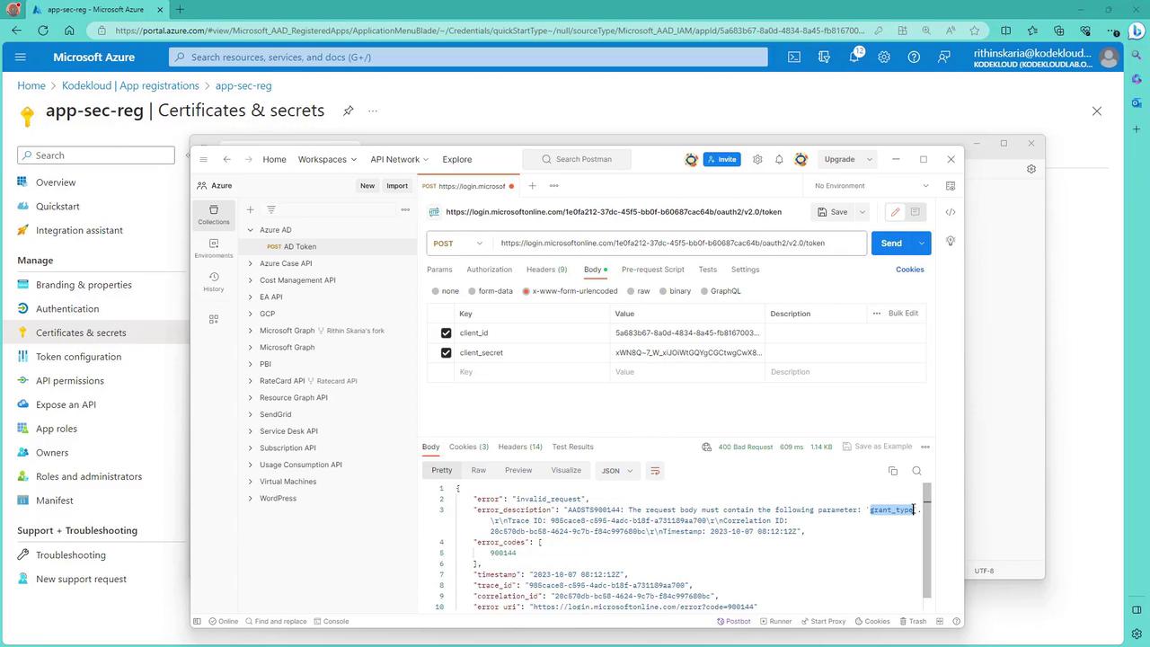The image shows a Microsoft Azure portal interface with a focus on "Certificates & secrets" for an app registration. A Postman window is open, displaying a POST request to a Microsoft login URL, with an error message indicating a missing parameter.