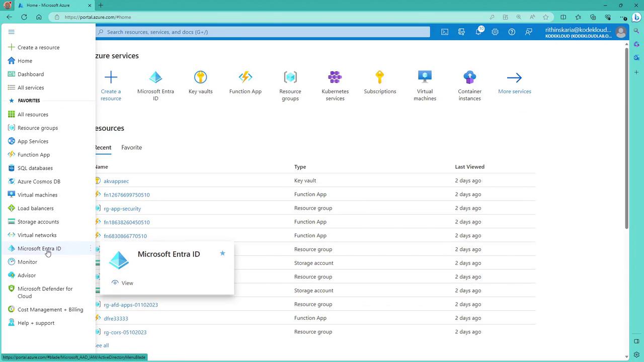 The image shows the Microsoft Azure portal interface, displaying various services and resources, with a sidebar menu highlighting "Microsoft Entra ID."