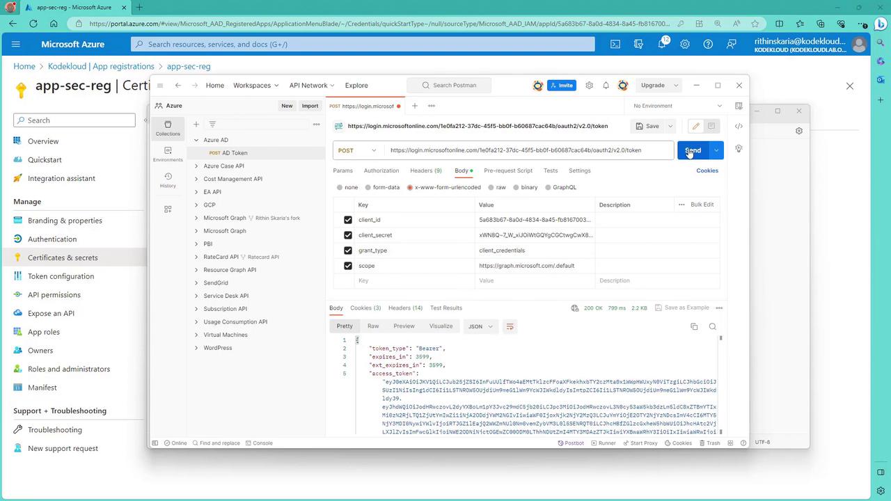 The image shows a Microsoft Azure portal interface with an API request being configured in Postman. It includes details like client ID, client secret, and a response with an access token.