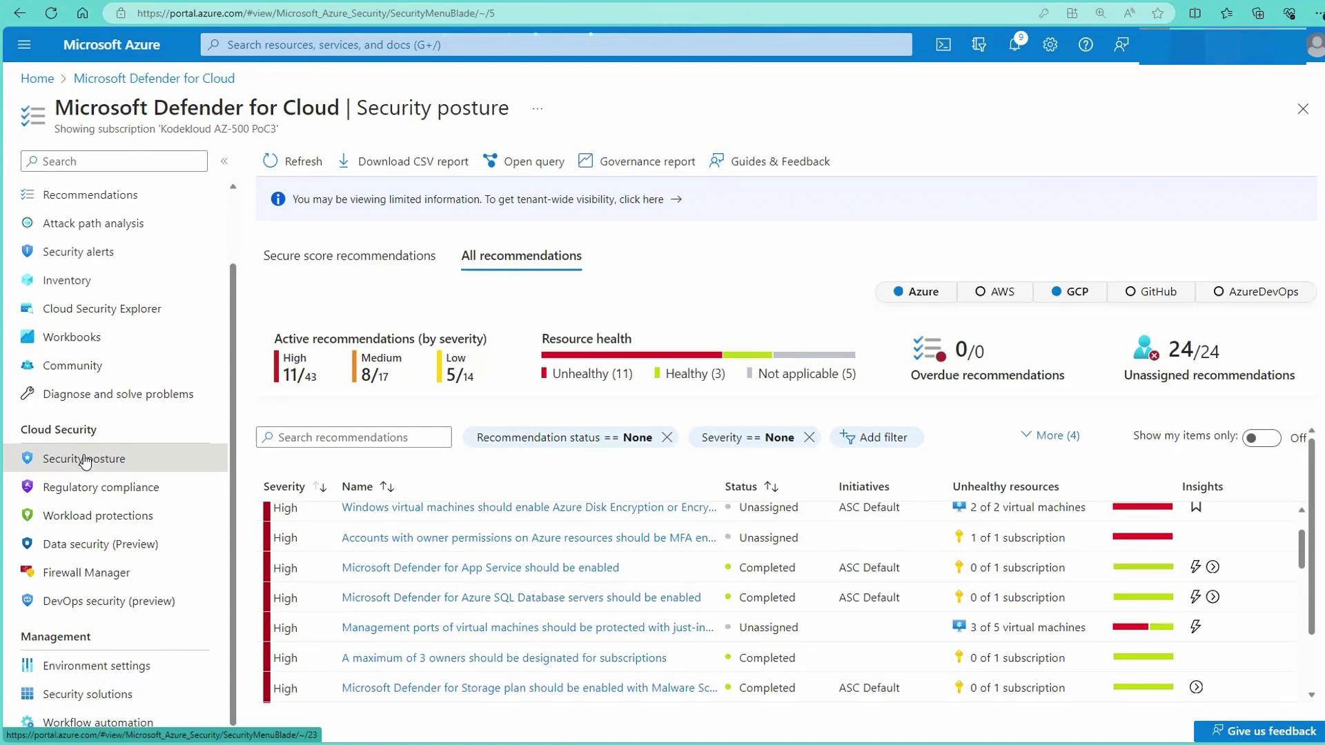 The image shows a Microsoft Azure portal screen displaying the security posture in Microsoft Defender for Cloud, with active recommendations categorized by severity and resource health status. It includes a list of security recommendations with their status and insights.