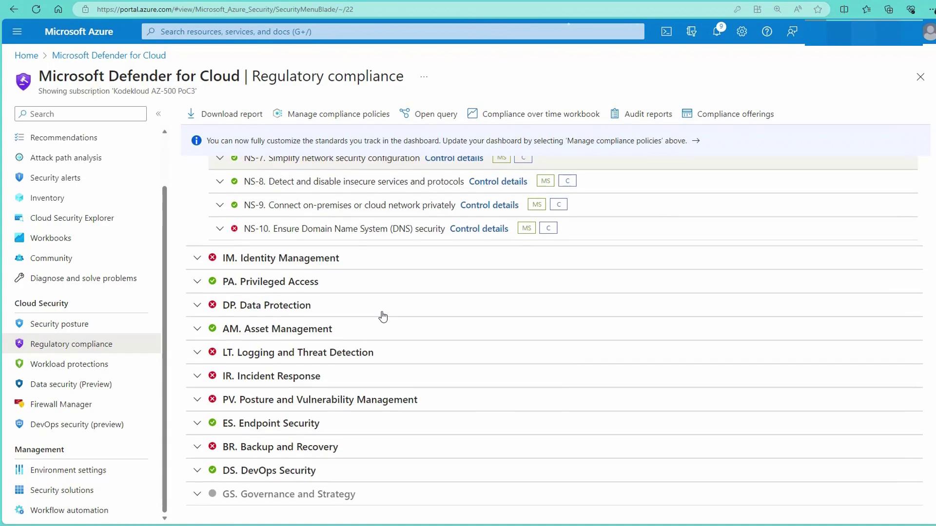 The image shows the Microsoft Defender for Cloud interface, specifically the Regulatory Compliance section, displaying various compliance categories and their statuses.