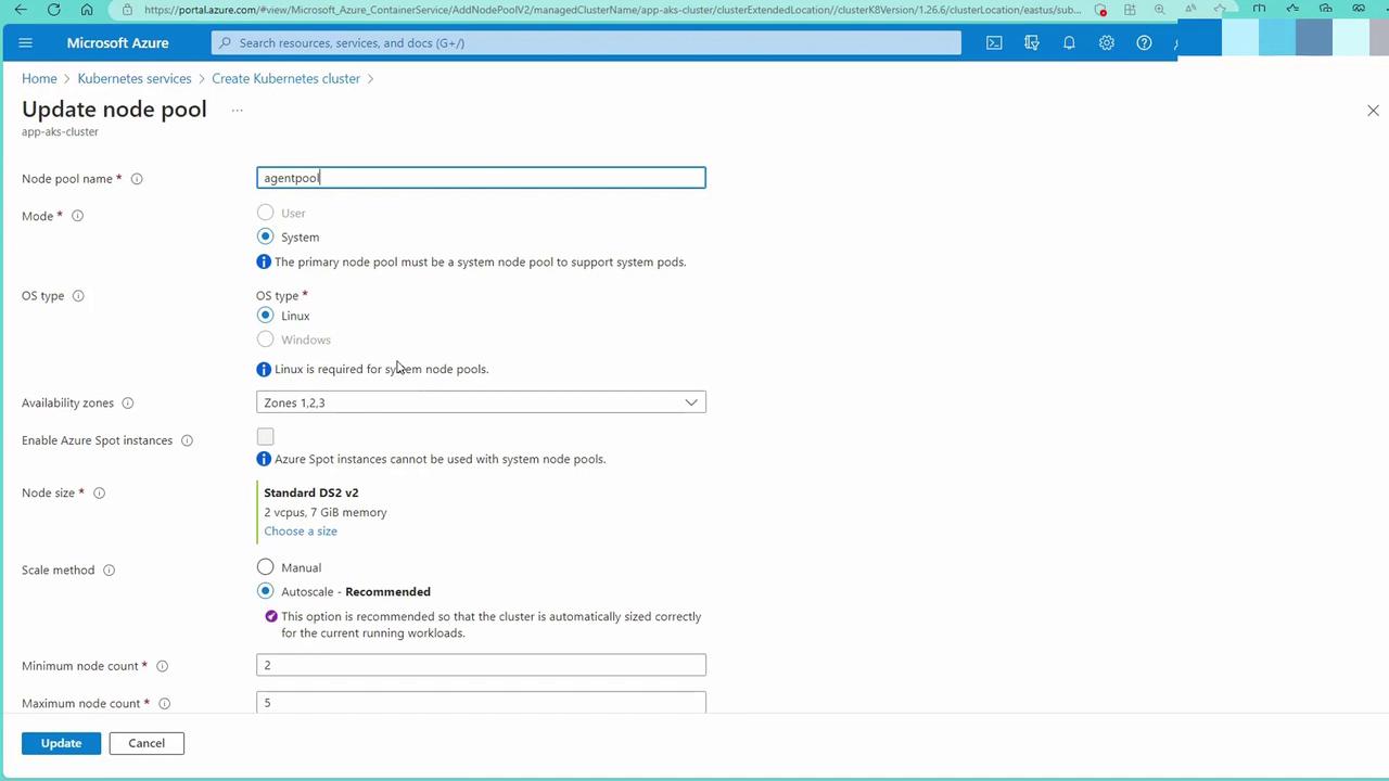 The image shows a Microsoft Azure interface for updating a Kubernetes node pool, with options for node pool name, mode, OS type, availability zones, node size, and scaling method.