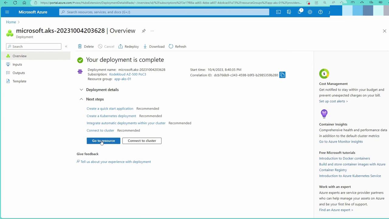 The image shows a Microsoft Azure portal page indicating that a deployment is complete, with options for next steps such as creating a Kubernetes deployment and connecting to a cluster.
