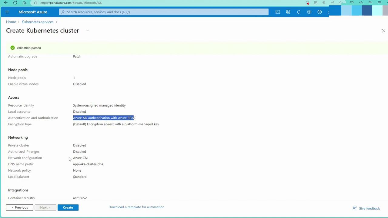 The image shows a Microsoft Azure portal page for creating a Kubernetes cluster, detailing settings for node pools, access, networking, and integrations. The validation has passed, and options like Azure AD authentication and network configuration are highlighted.