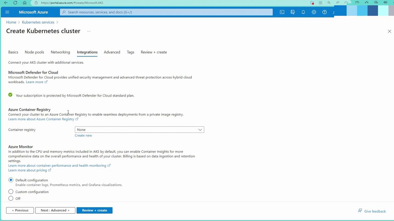 The image shows a Microsoft Azure portal interface for creating a Kubernetes cluster, specifically on the "Integrations" tab, with options for Microsoft Defender for Cloud, Azure Container Registry, and Azure Monitor.