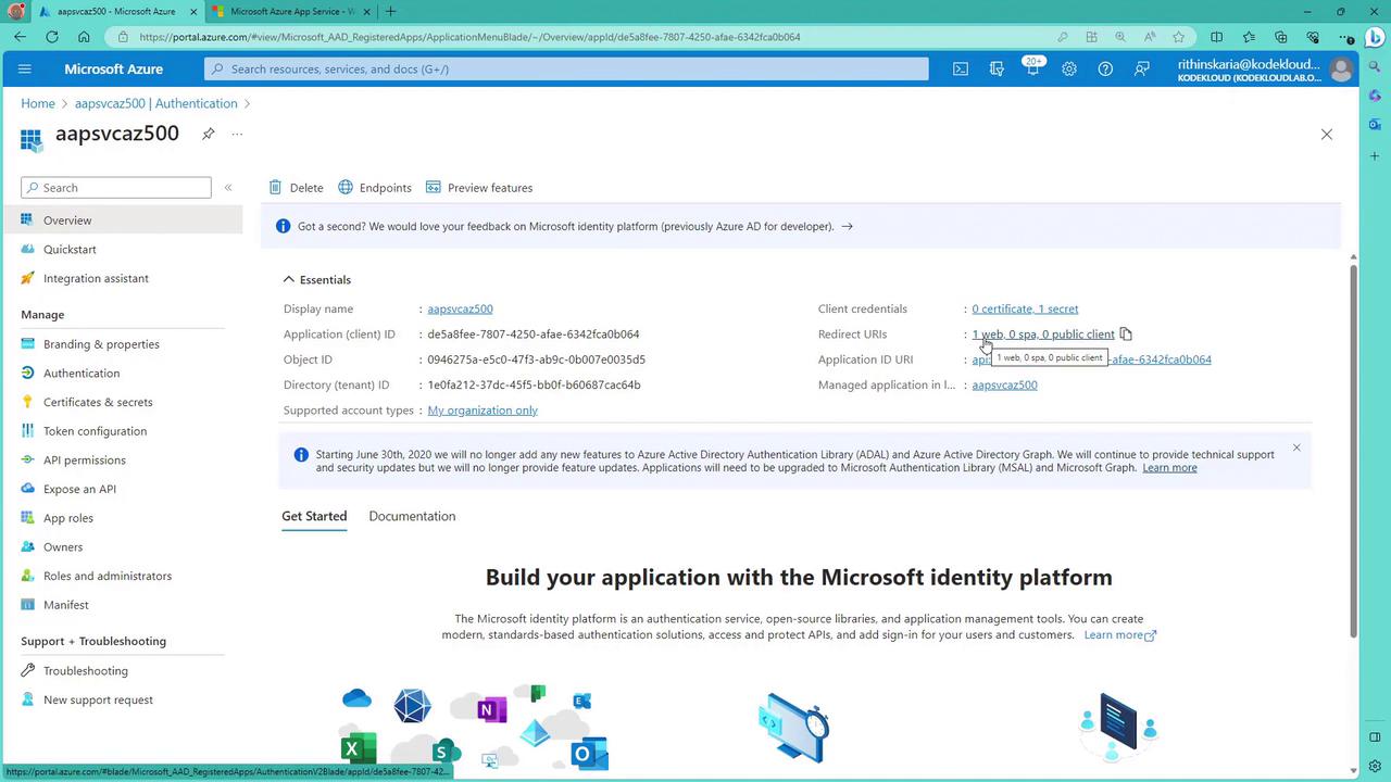 The image shows a Microsoft Azure portal page for an application named "aapsvcaz500," displaying details like application ID, object ID, and directory ID. It also includes options for managing authentication, certificates, and API permissions.