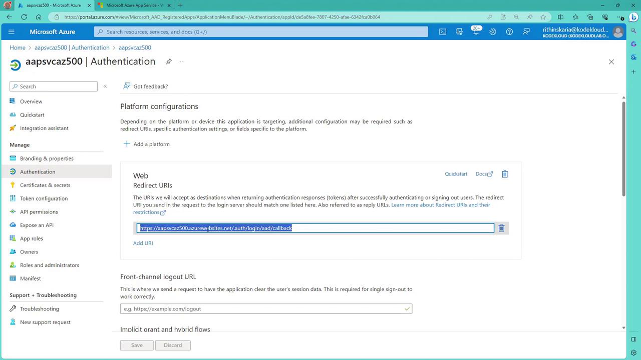 The image shows a Microsoft Azure portal page for configuring authentication settings, specifically focusing on platform configurations and redirect URIs for a web application.