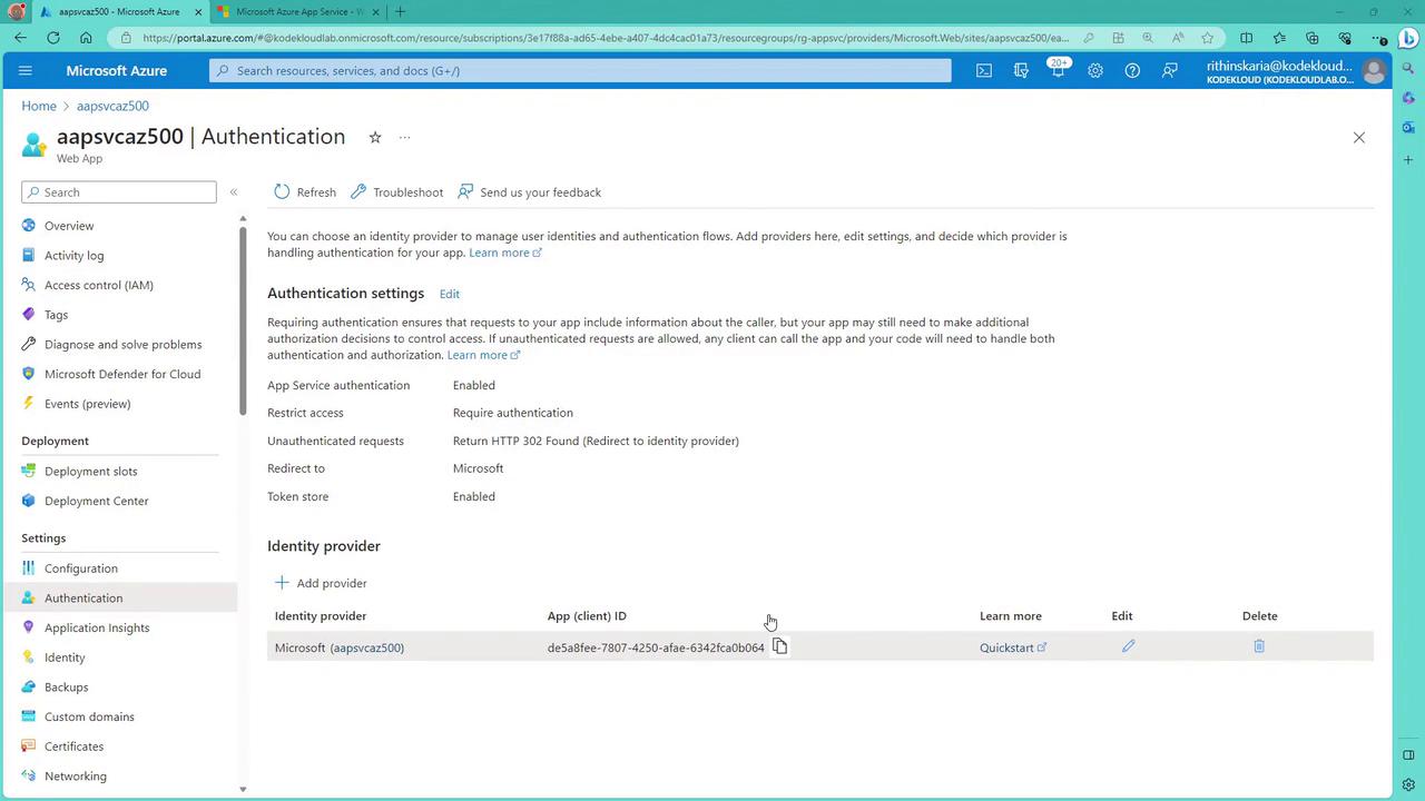 The image shows a Microsoft Azure portal page focused on authentication settings for a web app. It includes options for enabling app service authentication, restricting access, and configuring identity providers.