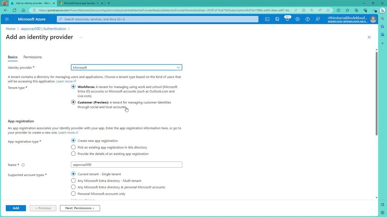 The image shows a Microsoft Azure portal interface for adding an identity provider, with options for selecting tenant type and app registration details.