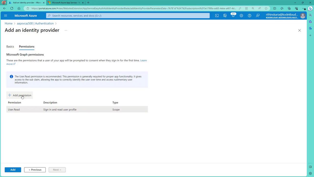 The image shows a Microsoft Azure portal page for adding an identity provider, specifically focusing on setting Microsoft Graph permissions. It includes an option to add permissions, with "User.Read" permission already listed.