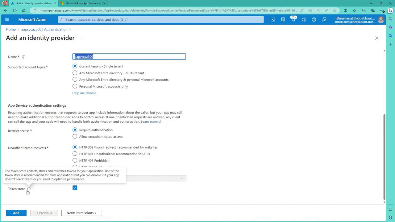 The image shows a Microsoft Azure portal page for adding an identity provider, with options for supported account types and authentication settings. The page includes fields for naming the provider and configuring access restrictions and responses to unauthenticated requests.