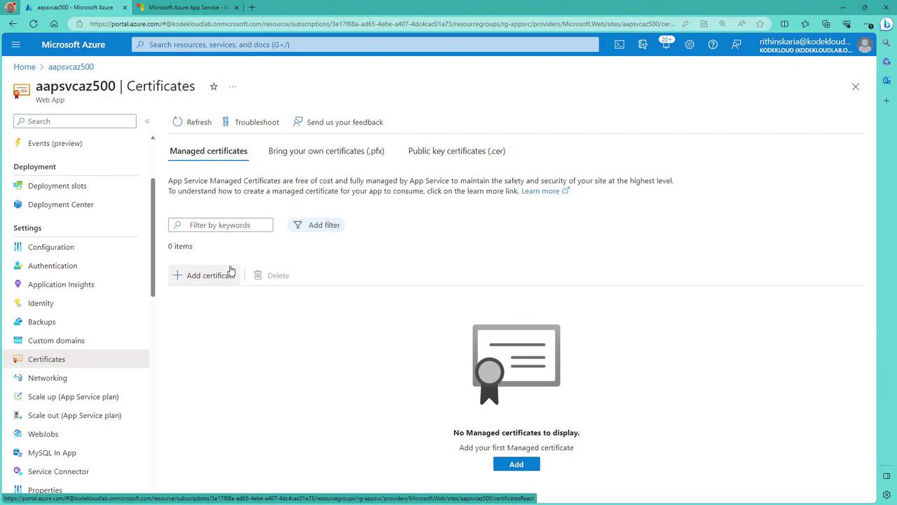 The image shows a Microsoft Azure portal page for managing certificates in a web app, with options to add a certificate and no managed certificates currently displayed.
