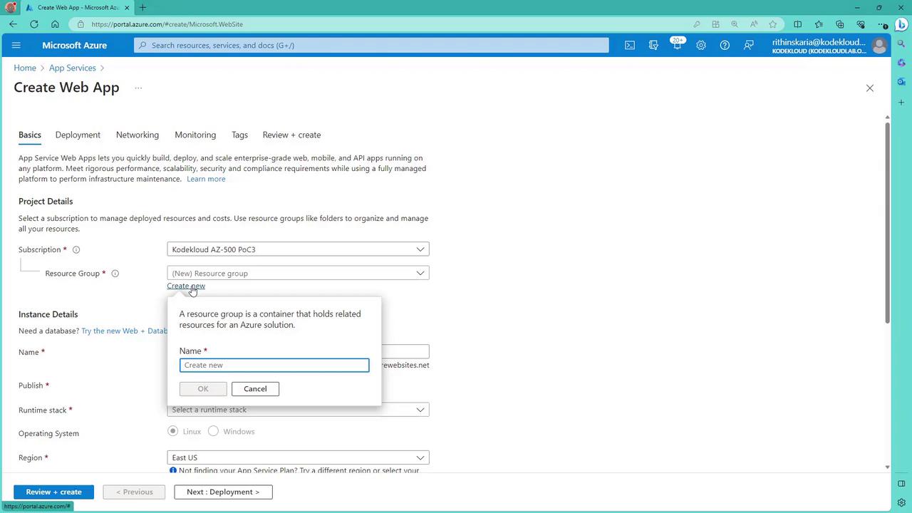 The image shows the Microsoft Azure portal interface for creating a new web app, with fields for project and instance details, and a pop-up for creating a new resource group.