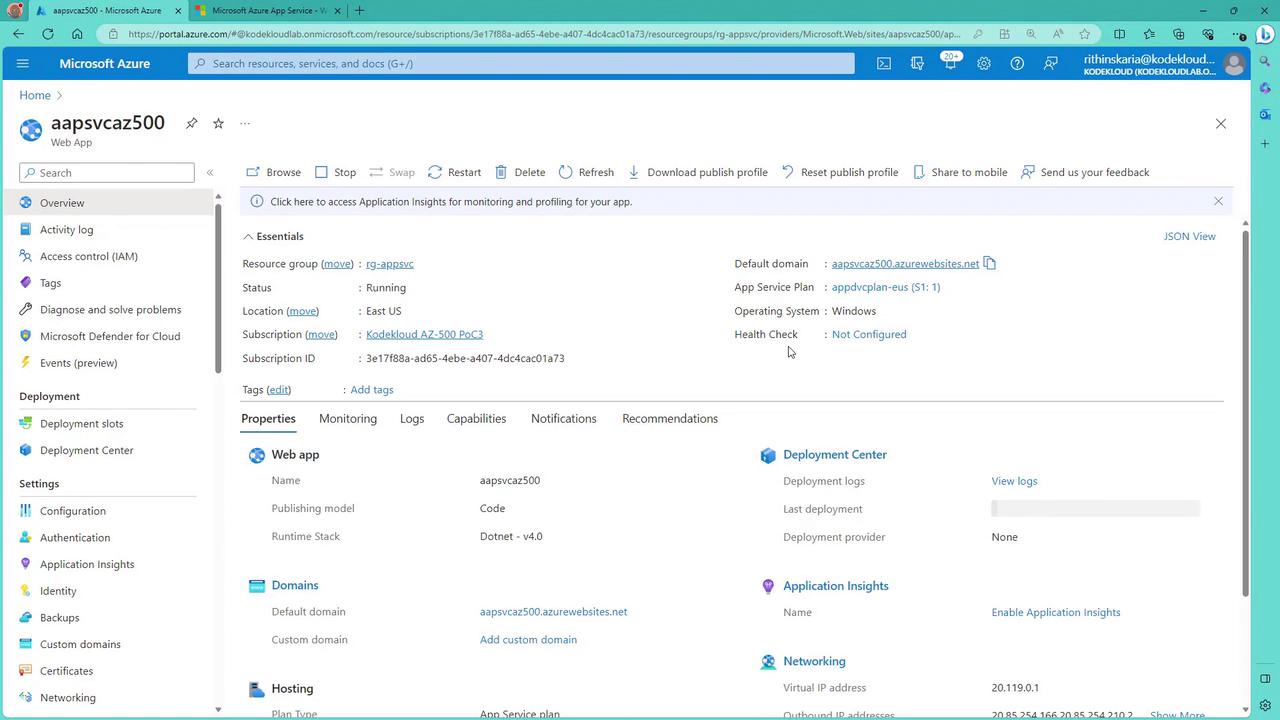 The image shows a Microsoft Azure portal interface displaying details of a web app named "aapsvcaz500," including its status, location, and configuration settings.