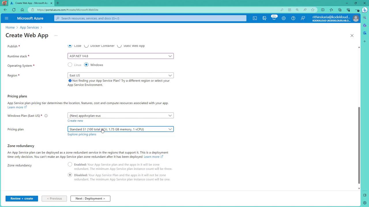 The image shows a Microsoft Azure portal page for creating a web app, with options to select the runtime stack, operating system, region, and pricing plan.